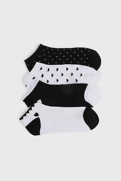 Ardene 4-Pack Polka Dot & Heart Ankle Socks in Black | Polyester/Spandex