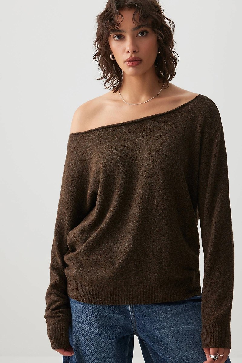 Ardene Oversized Off Shoulder Sweater in Brown | Size Small | Polyester/Nylon/Spandex