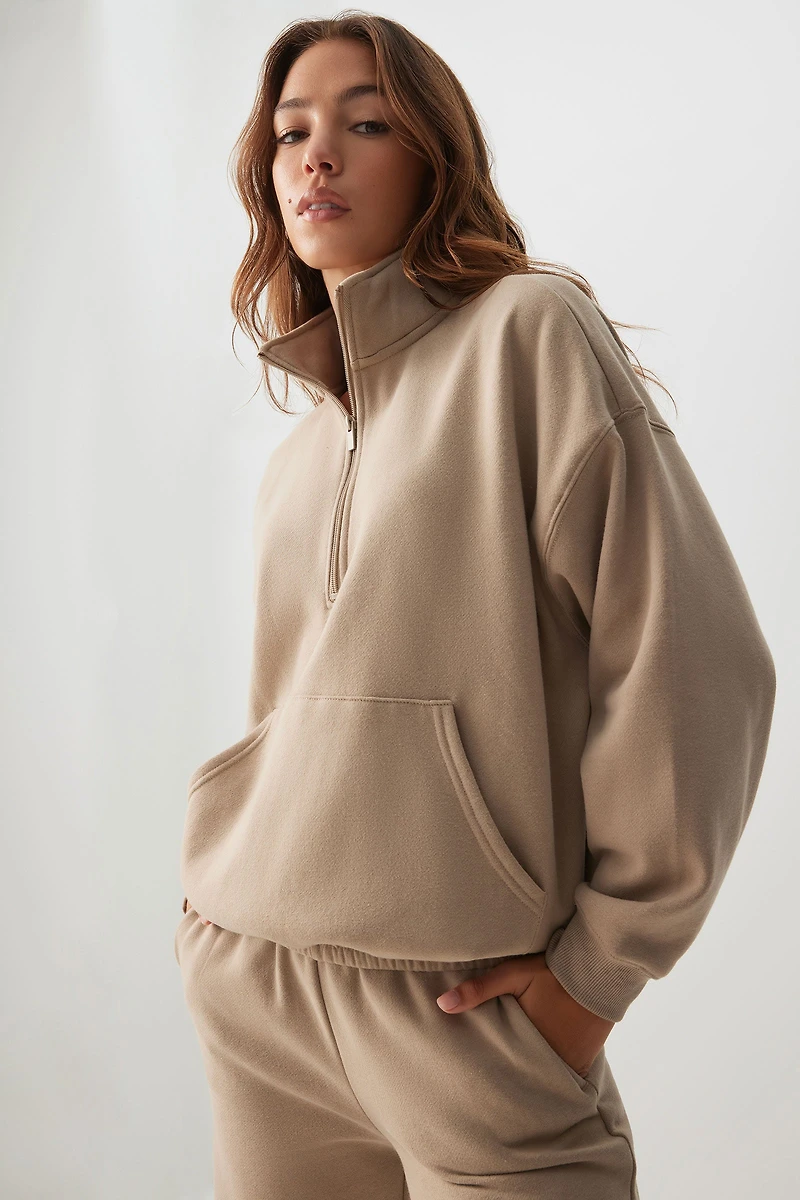 Ardene MADESOFT Fleece Oversized Half Zip Sweatshirt in Oat Latte | Size | Polyester/Cotton | Eco-Conscious