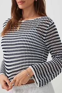 Ardene Striped Boat Neck Sweater in White | Size | Polyester