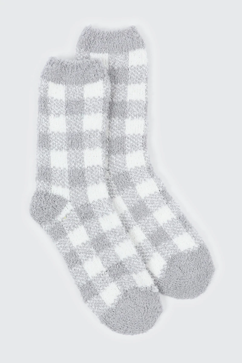 Ardene Checkerboard Cozy Socks in Grey | Polyester/Spandex