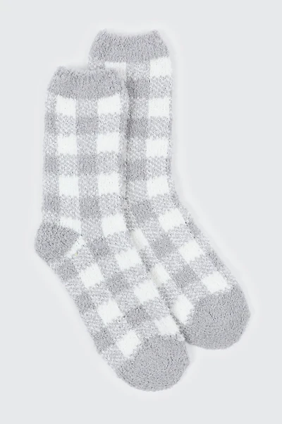 Ardene Checkerboard Cozy Socks in Grey | Polyester/Spandex