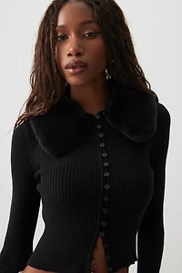 Ardene Short Cardigan with Removable Faux Fur Collar in | Size | Polyester/Nylon/Viscose