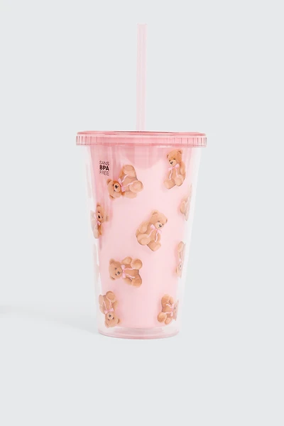 Ardene Kids Teddy Bear Print Tumbler in Light Pink