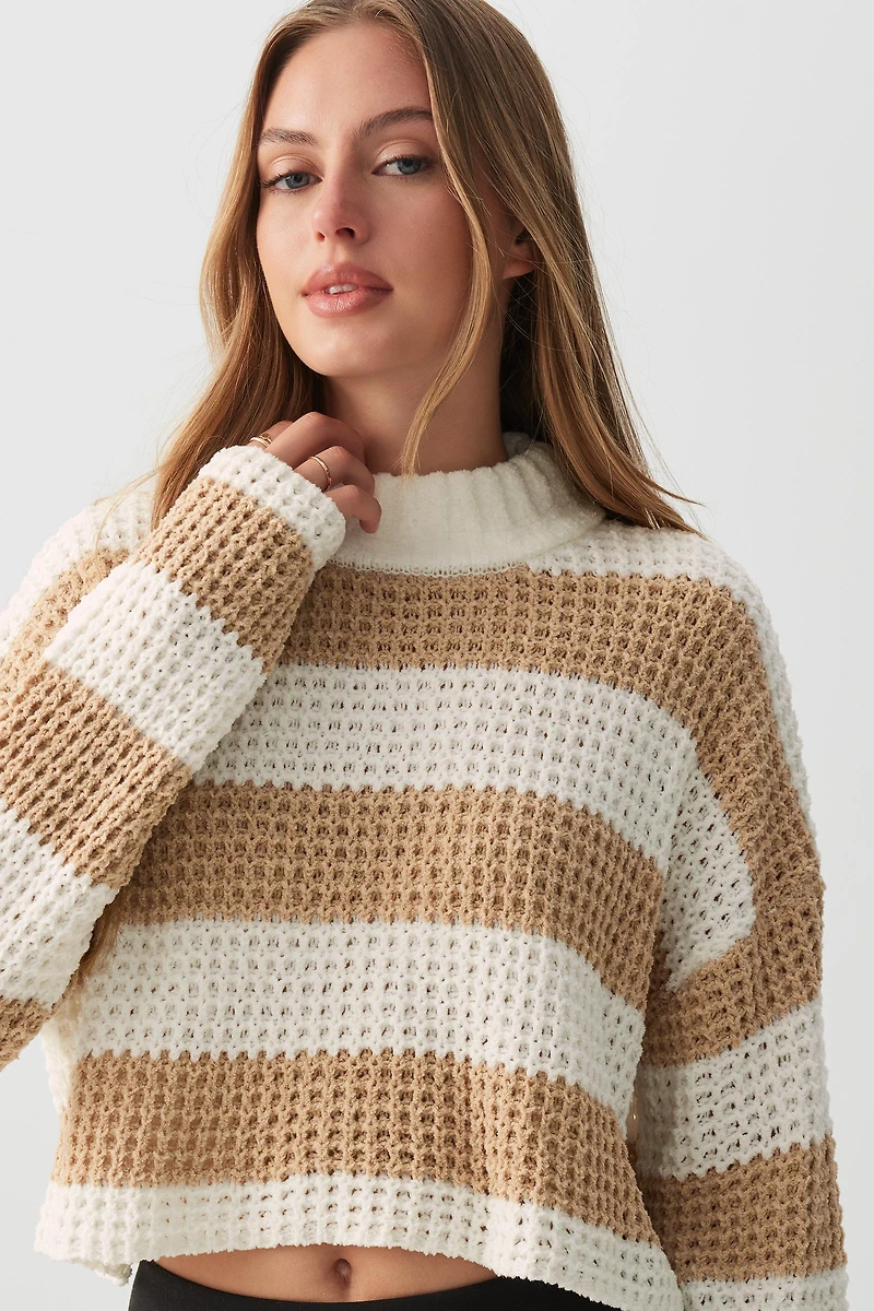 Ardene Striped Shaker Stitch Chenille Sweater in Beige | Size | Polyester/Nylon