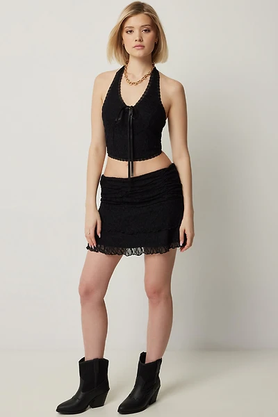 Ardene Lace Tiered Micro Skirt in Black | Size XS | Polyester/Elastane/Polyamide