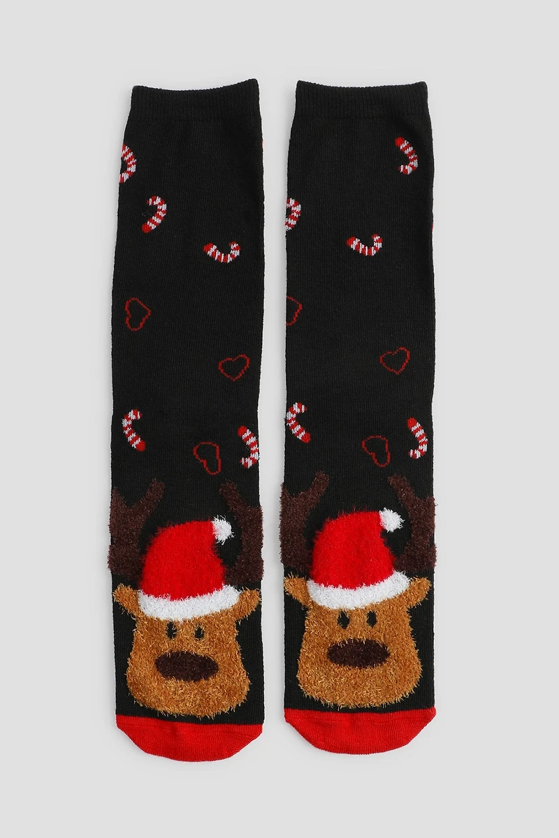 Ardene Fuzzy Holiday Reindeer Crew Socks | Polyester/Spandex