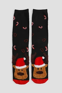 Ardene Fuzzy Holiday Reindeer Crew Socks | Polyester/Spandex