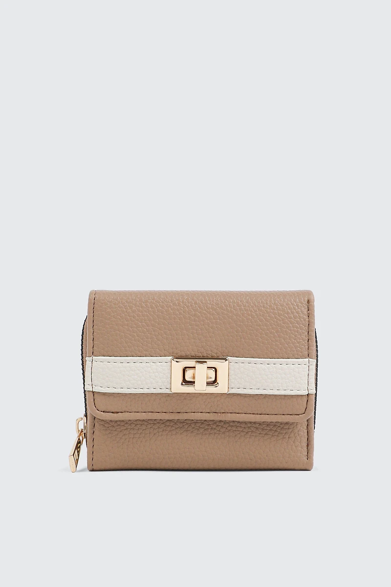 Ardene Turn Lock Wallet in Beige | Faux Leather/Polyester