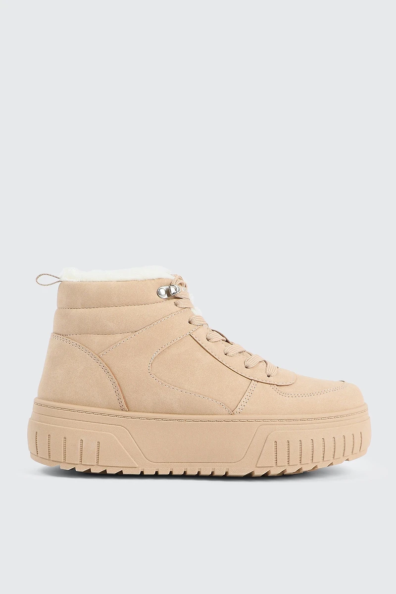 Ardene Faux Fur Lined High Top Sneakers in Beige | Size | Faux Suede