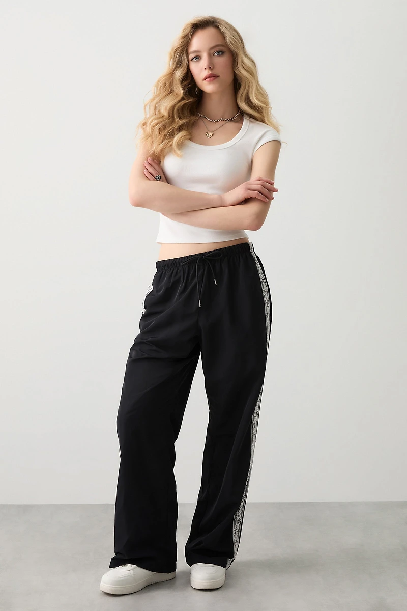 Ardene Track Pants with Lace Stripes in Black | Size | Nylon