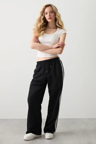Ardene Track Pants with Lace Stripes in Black | Size | Nylon