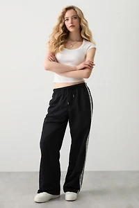 Ardene Track Pants with Lace Stripes in Black | Size | Nylon
