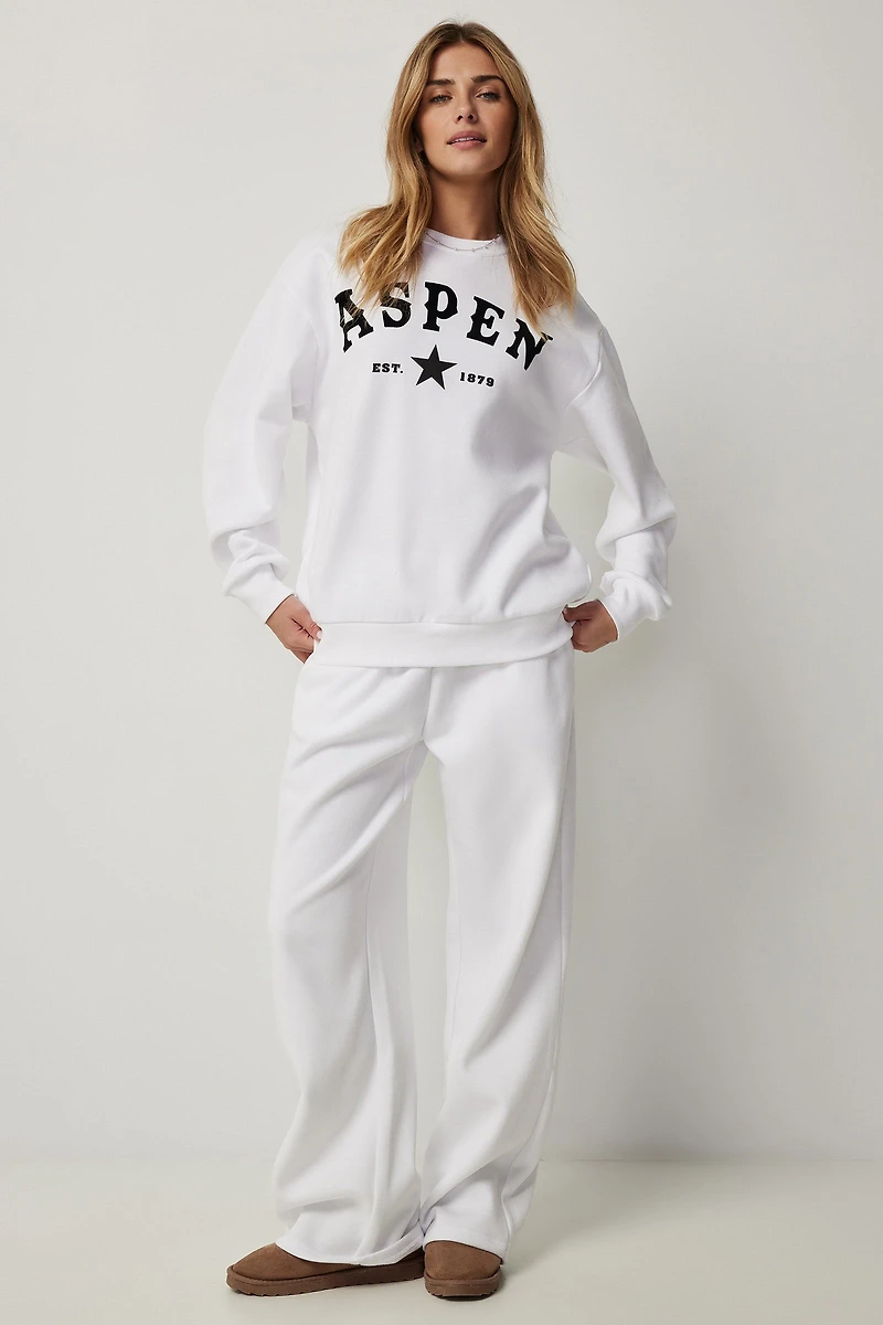 Ardene Wide Leg Sweatpants in White | Size Medium | Polyester/Cotton | Fleece-Lined