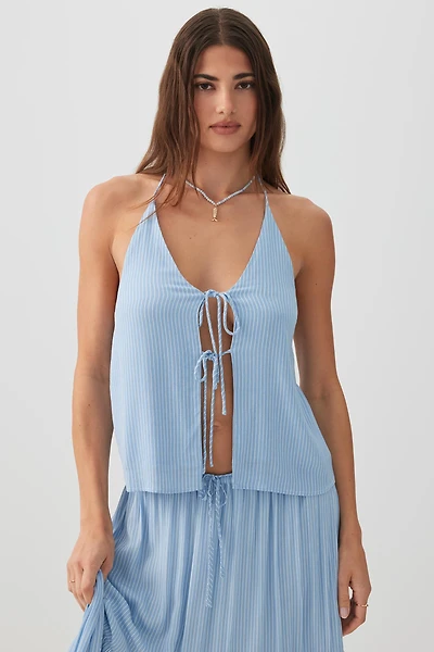 Ardene Crinkled Tie Front Tank Top in Light Blue | Size | Rayon