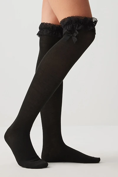 Ardene Ruffle Over-The-Knee Socks in Black | Polyester/Spandex