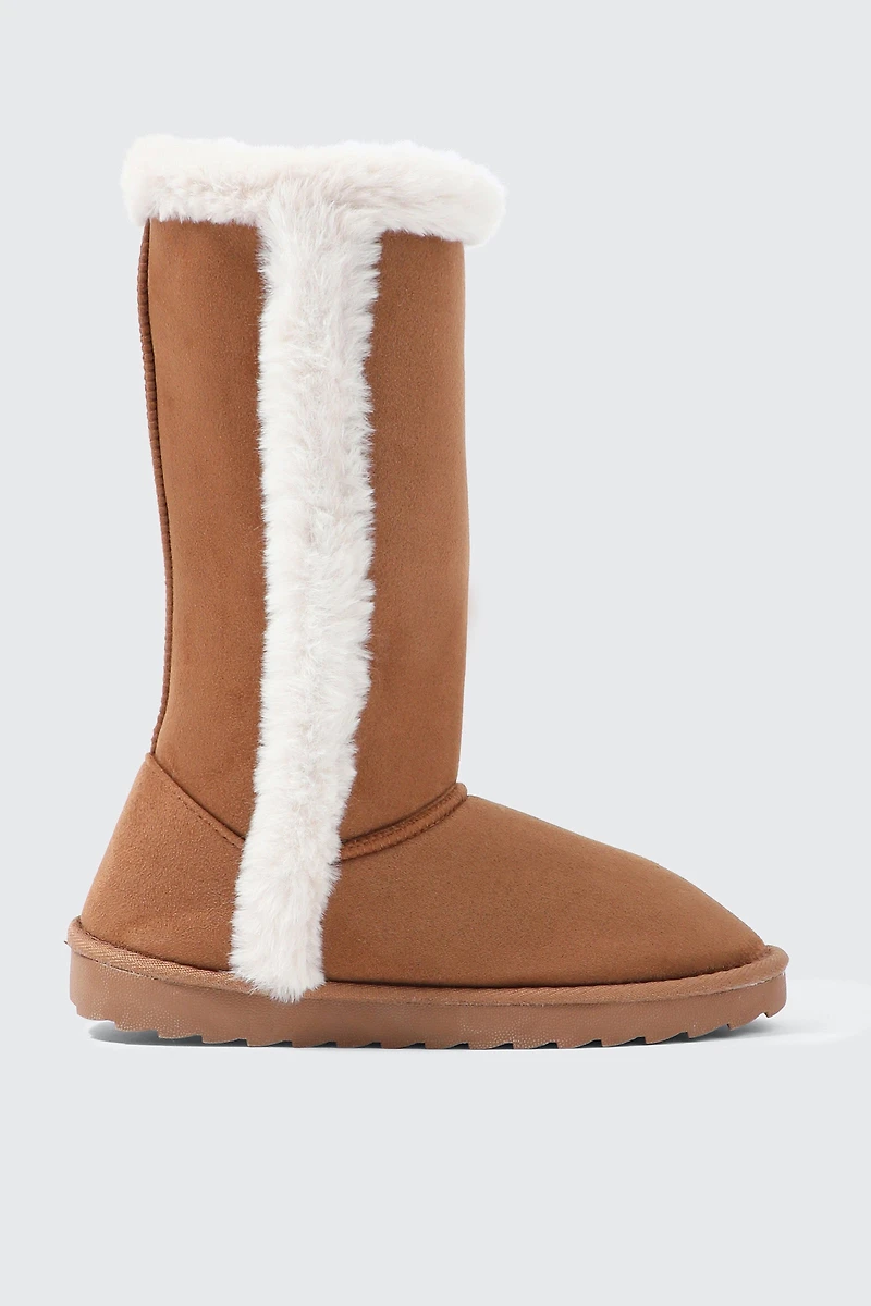 Ardene Tall Faux Sheepskin Boots in Cognac | Size | Faux Suede | Eco-Conscious