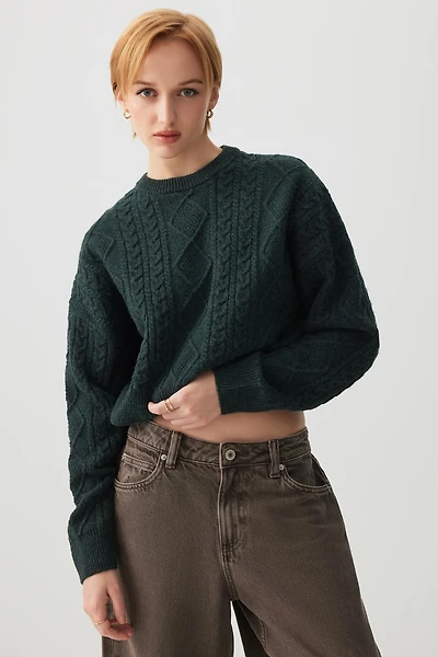 Ardene Crop Cable Knit Sweater in Dark Green | Size | Polyester | Eco-Conscious