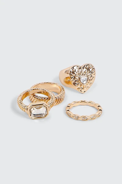 Ardene 4-Pack Heart & Crystal Rings in Gold | Size