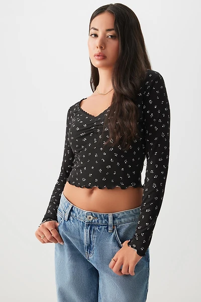 Ardene Lace Trim V-Neck Crop T-Shirt in | Size | Polyester/Elastane