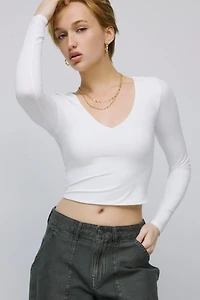 Ardene Contour V-Neck Long Sleeve T-Shirt in White | Size Medium | Elastane/Polyamide