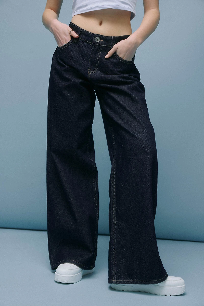 Ardene The Off-Duty Low Rise Wide Leg Jean in Dark Blue | Size | 100% Cotton
