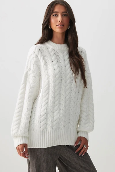 Ardene Oversized Cable Knit Crew Neck Sweater in Off-White | Size | Polyester | Eco-Conscious