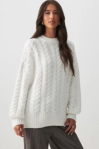 Ardene Oversized Cable Knit Crew Neck Sweater in Off-White | Size | Polyester | Eco-Conscious