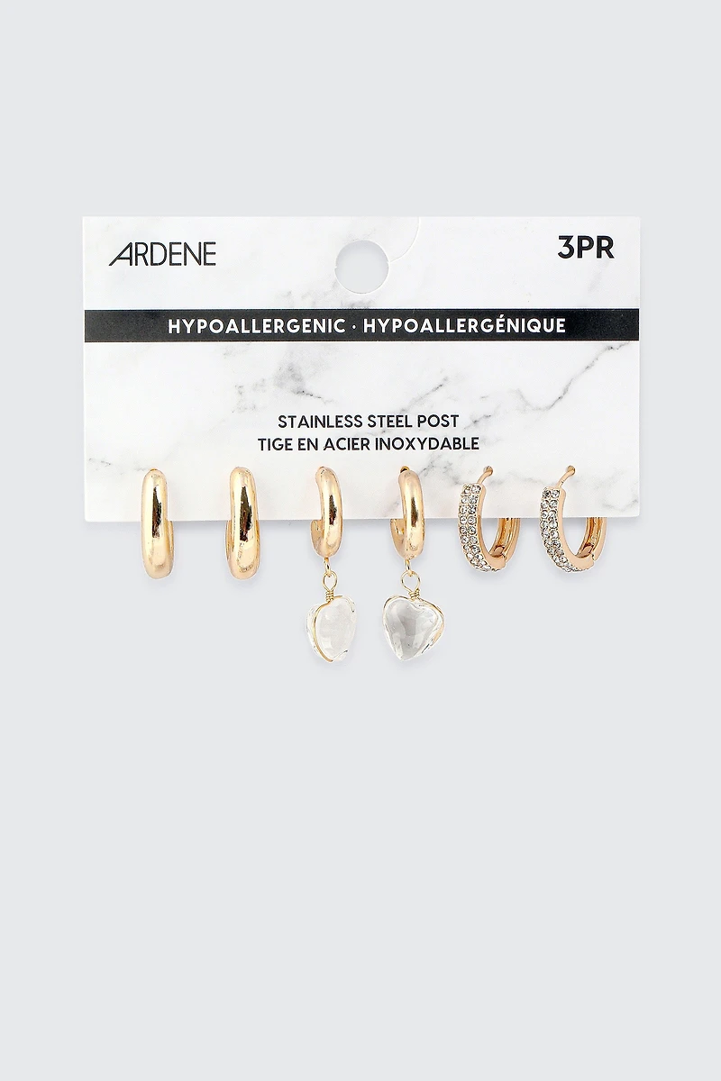 3 paires d'anneaux à cristaux et cœur