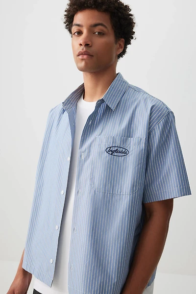 Ardene Man Striped Short Sleeve Shirt For Men in Medium Blue | Size | Cotton/Elastane
