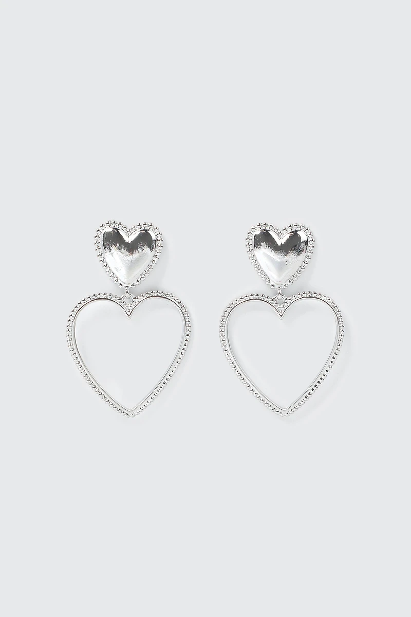 Ardene Double Heart Drop Earrings in Silver | Stainless Steel