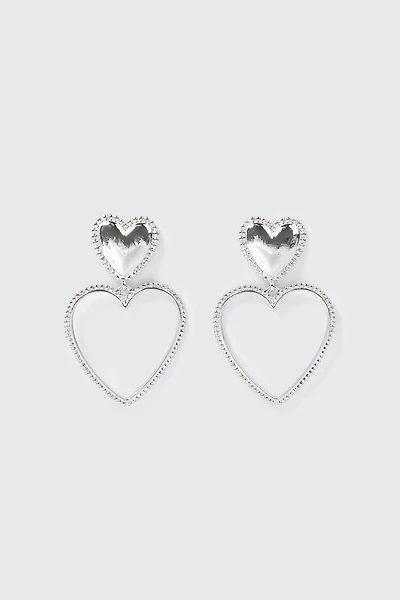 Ardene Double Heart Drop Earrings in Silver | Stainless Steel