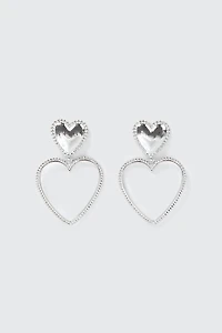 Ardene Double Heart Drop Earrings in Silver | Stainless Steel