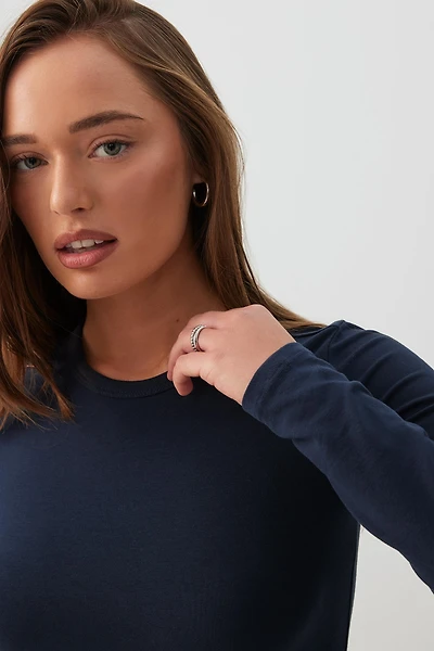 Ardene Basic Fitted Long Sleeve T-Shirt in Dark Blue | Size 2XS | Cotton/Elastane | Eco-Conscious