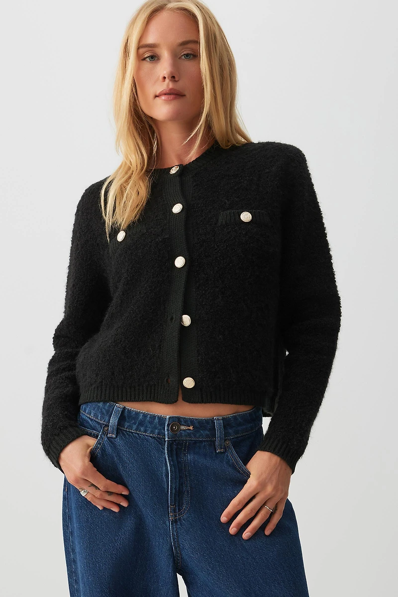 Ardene Boucle Crop Cardigan in Black | Size | Polyester/Spandex