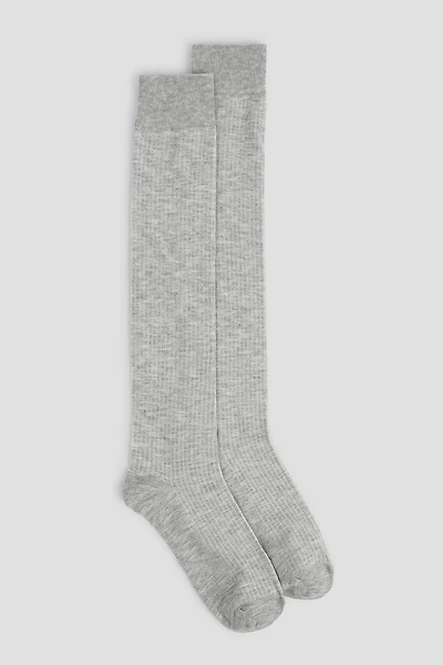 Ardene Ribbed Over-the-Knee Socks in Light Grey | Polyester/Spandex