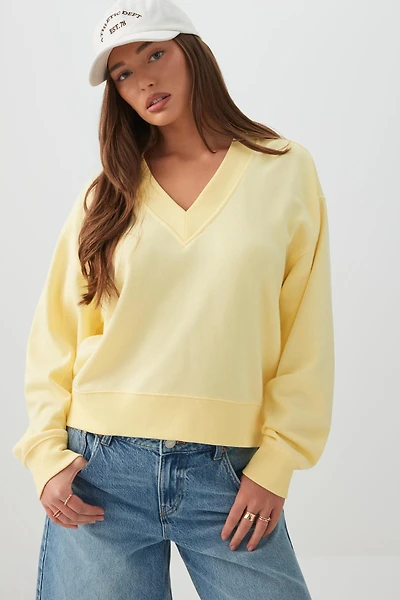 Ardene French Terry V-Neck Sweatshirt in Light Yellow | Size Small | Polyester/Cotton