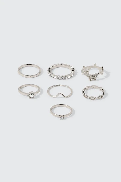 Ardene 7-Pack Rose & Crystal Rings in Silver | Size