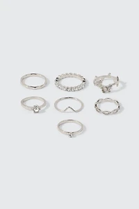 Ardene 7-Pack Rose & Crystal Rings in Silver | Size