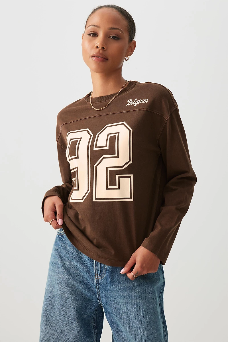 Ardene Washed Oversized Sports T-Shirt in Brown | Size Small | 100% Cotton