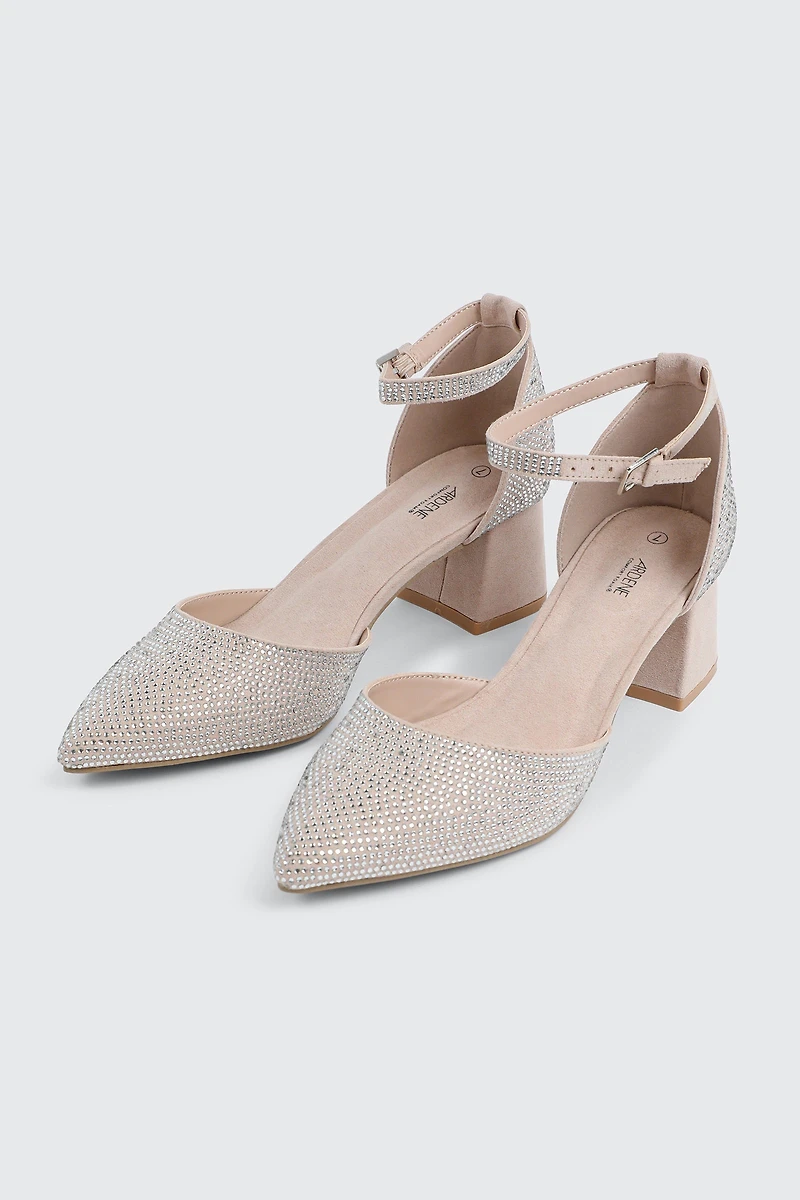 Escarpins à talon bloc ornés de pierres du Rhin
