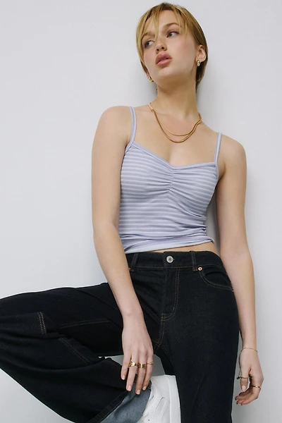 Ardene Basic Ribbed Tank Top with Shirring in Light Blue | Size | Polyester/Spandex | Eco-Conscious