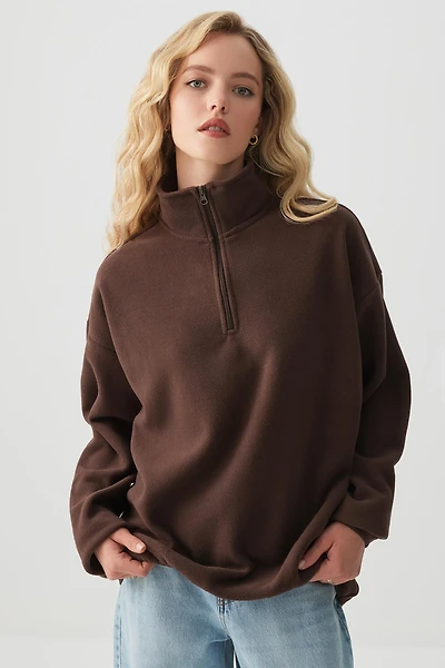 Ardene Oversized Polar Fleece 1/4 Zip Sweatshirt in Brown | Size | Polyester | Eco-Conscious