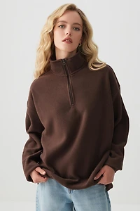 Ardene Oversized Polar Fleece 1/4 Zip Sweatshirt in Brown | Size | Polyester | Eco-Conscious