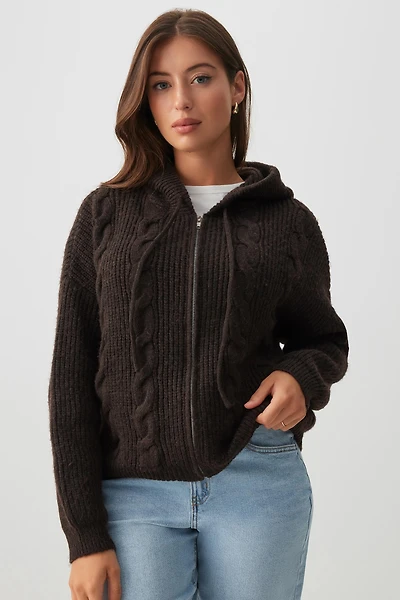 Ardene Cable Knit Zip Up Sweater in Brown | Size | Polyester
