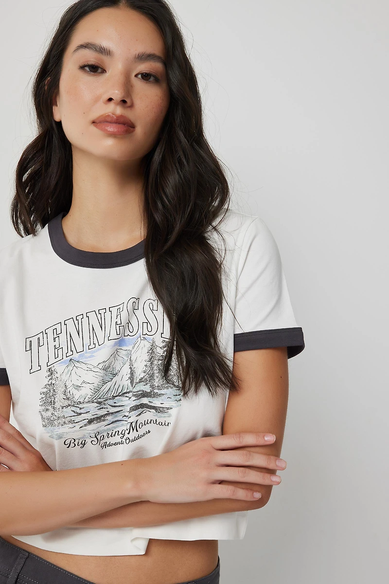 Ardene Graphic Ringer T-Shirt in White | Size Large | Spandex/Cotton