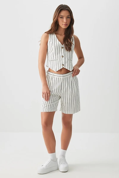 Ardene Striped Linen Blend Pleated Shorts in White | Size | Rayon/Cotton