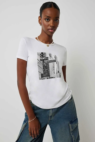 Ardene Fitted Graphic T-Shirt in White | Size Small | Rayon/Spandex