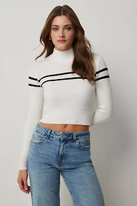 Ardene Striped Mock Neck Sweater in White | Size | Polyester/Polyamide