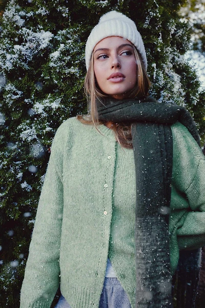 Ardene Fuzzy Knit Cardigan in Light Green | Size | Polyester